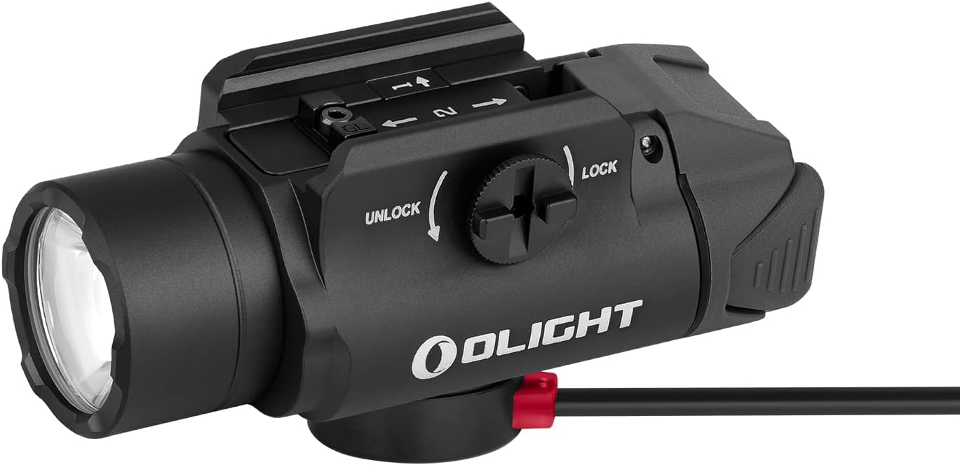 Black Olight tactical light on a white background