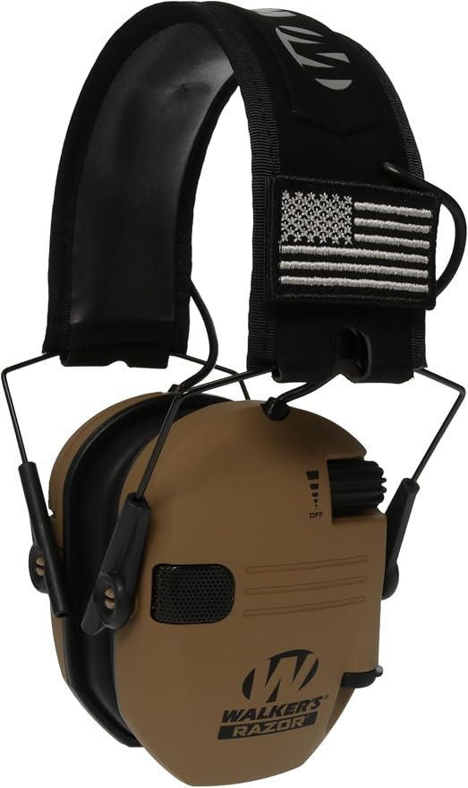 Brown and black ear protection with American flag design on a white background