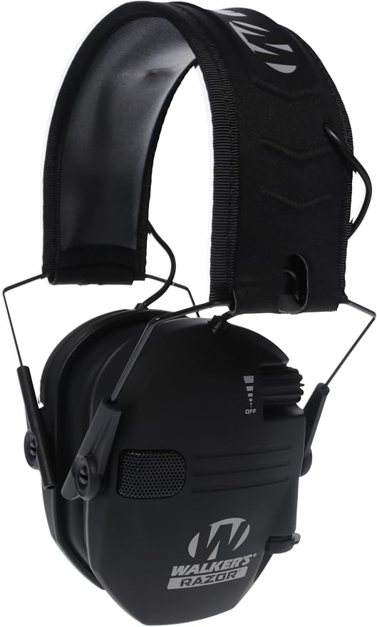 Black ear protection headphones with 'Walker's Razor' branding on a white background