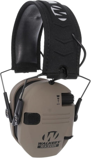 Pair of Walkers Razor electronic hearing protection headphones on a white background