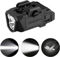 Black Olight tactical flashlight with a front lens and side switch, shown above three circular inset images demonstrating light beams and a USB-C charging connection.