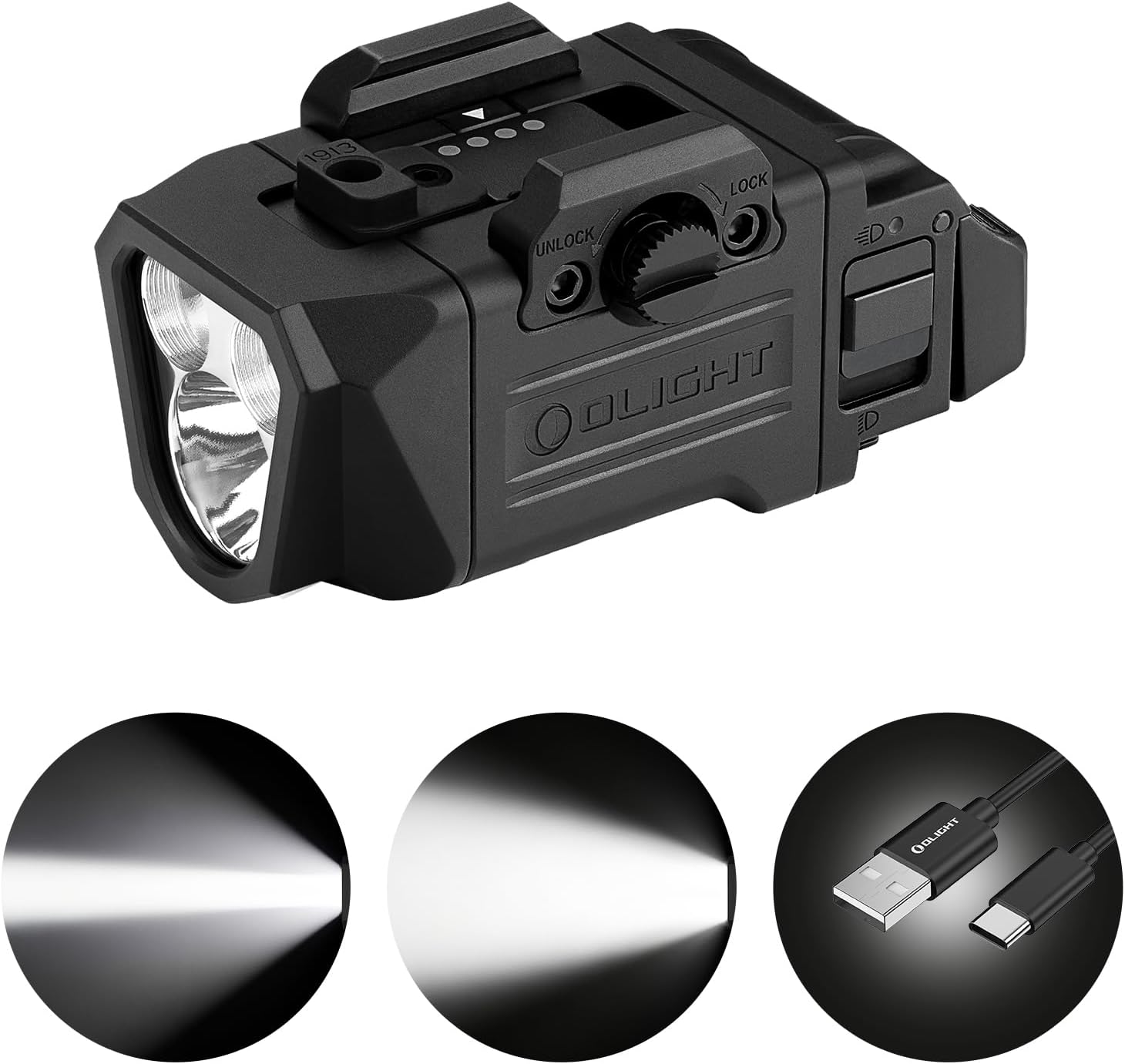Black Olight tactical flashlight with a front lens and side switch, shown above three circular inset images demonstrating light beams and a USB-C charging connection.