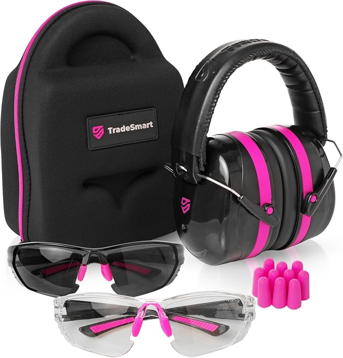 Black and pink ear protection set with sunglasses and earplugs on a white background