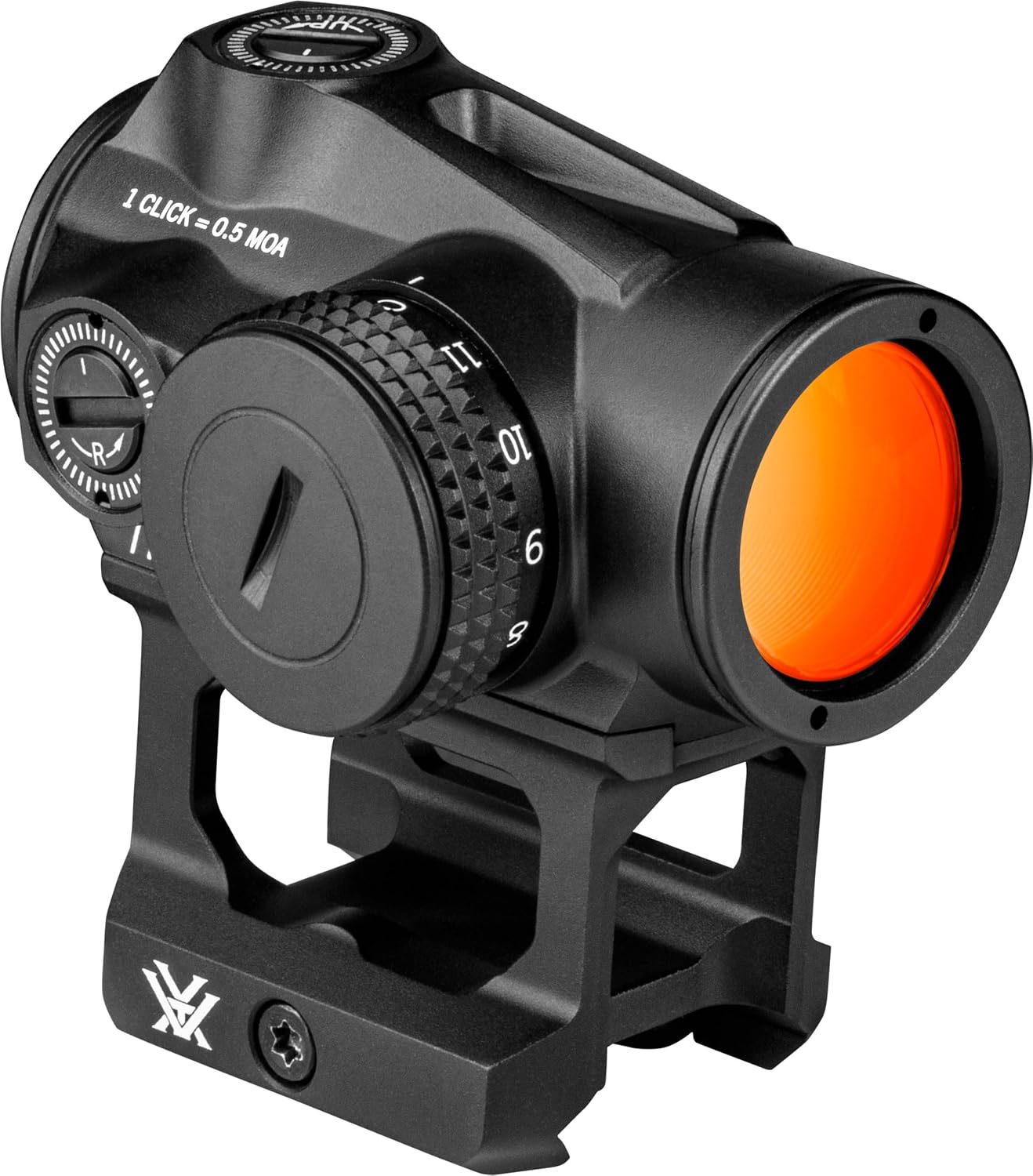 Black tactical sight with orange lens on a white background