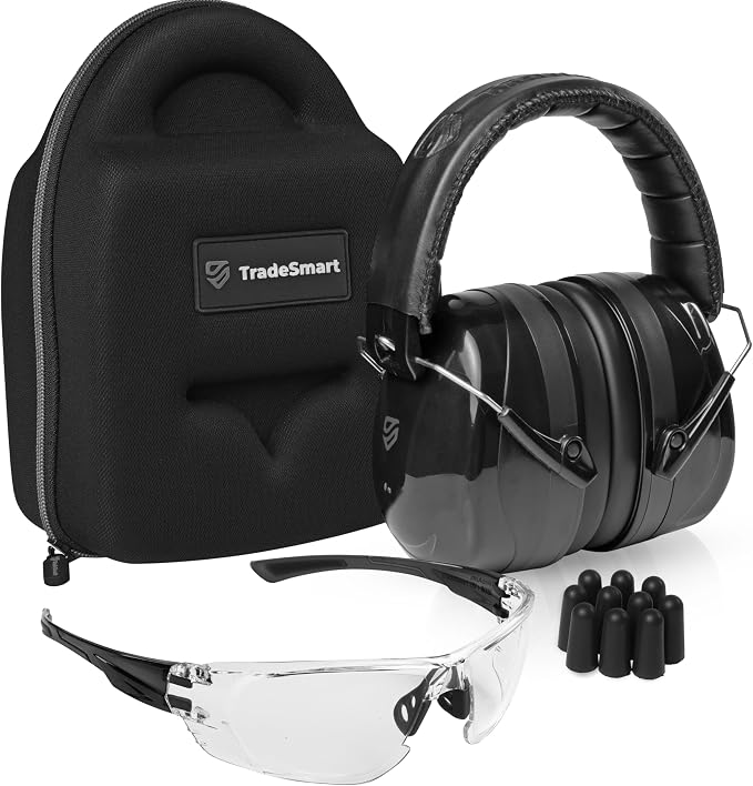 Black ear protection with carrying case, clear safety glasses, and black ear tips on a white background.