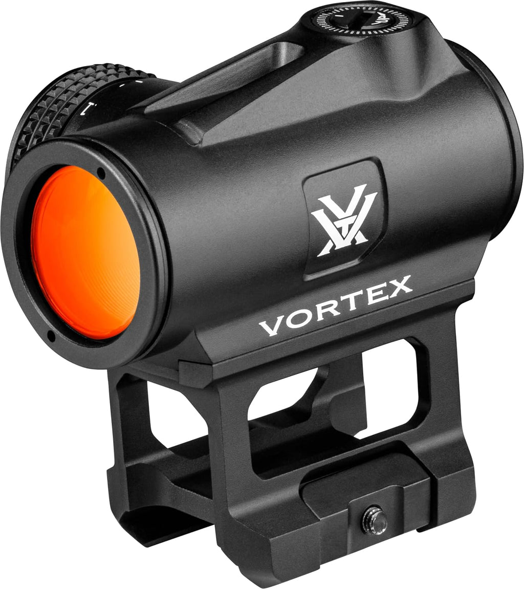 Black Vortex red dot sight with an orange lens, shown on a solid white background.